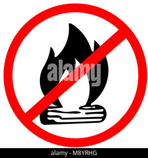 Kein Feuer, kein Lagerfeuer Feuer roter Kreis Achtung Schild auf weißem Hintergrund verboten Stockfoto