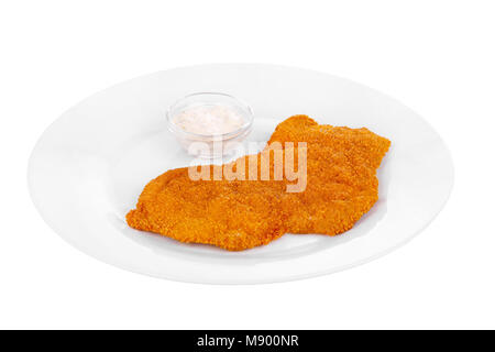 Schnitzel vom Huhn, Schwein, Rind, Fleisch, gegrilltem Fisch, Grill, isoliert weißer Hintergrund. Zahnstein, saure Sahne, Mayonnaise, weiße Soße. Für das Menü Stockfoto