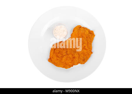 Schnitzel vom Huhn, Schwein, Rind, Fleisch, gegrilltem Fisch, Grill, isoliert weißer Hintergrund. Zahnstein, saure Sahne, Mayonnaise, weiße Soße. Für das Menü Stockfoto