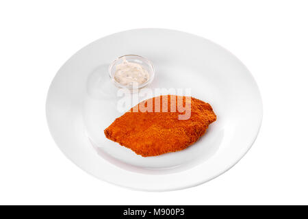 Schnitzel vom Huhn, Schwein, Rind, Fleisch, gegrilltem Fisch, Grill, isoliert weißer Hintergrund. Zahnstein, saure Sahne, Mayonnaise, weiße Soße. Für das Menü Stockfoto