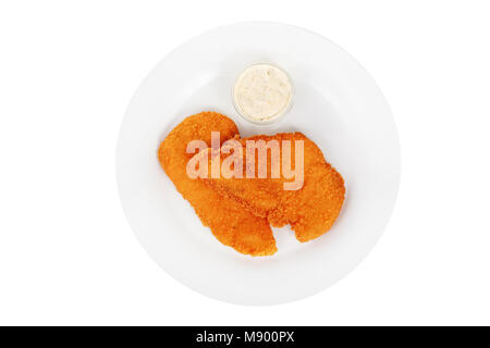 Schnitzel vom Huhn, Schwein, Rind, Fleisch, gegrilltem Fisch, Grill, isoliert weißer Hintergrund. Zahnstein, saure Sahne, Mayonnaise, weiße Soße. Für das Menü Stockfoto