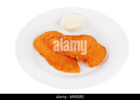 Schnitzel vom Huhn, Schwein, Rind, Fleisch, gegrilltem Fisch, Grill, isoliert weißer Hintergrund. Zahnstein, saure Sahne, Mayonnaise, weiße Soße. Für das Menü Stockfoto