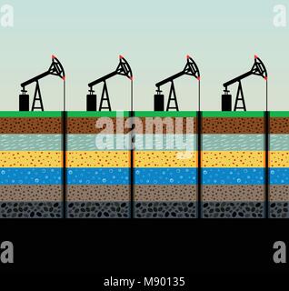 Öl pumpen und Rigg auf Himmel Hintergrund. Stock Vektor