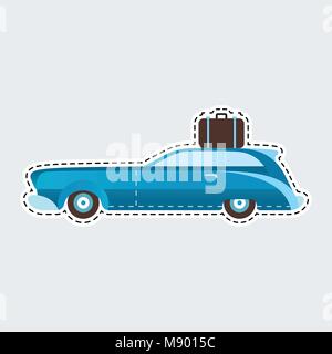 Vintage Travel Car in patch-Stil. Clip Art für Aufkleber oder Pin. Stock Vektor