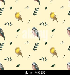 Nahtlose Muster mit Blättern und kleinen niedlichen Vögeln. Floral background. Vektor nahtlose Muster. Stock Vektor