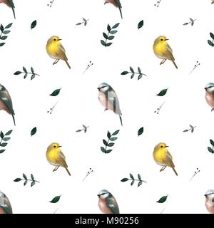 Nahtlose Muster mit Blättern und kleinen niedlichen Vögeln. Floral background. Vektor nahtlose Muster. Stock Vektor