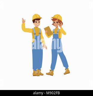Bau weibliche und männliche Arbeiter Charakter vektor design. Persönlichkeit zu animieren. Spaß Cartoon Person. Auf weissem Hintergrund. Stock Vektor
