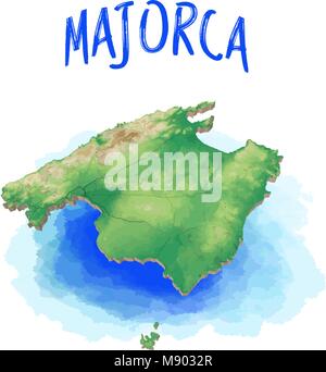 3D-Karte von Mallorca - Balearen - Spanien, Vector Illustration, topografische Version. Verwenden Sie für Travel Marketing und Print Produktion. Stock Vektor