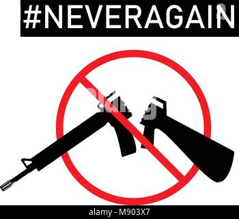 Silhouette der gebrochenen Sturmgewehr mit roten Schild über it und den Text #NEVERAGAIN darüber. Vector Illustration mit Weiß/transparenten Hintergrund. Stock Vektor