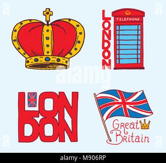 Britische, Symbole, Abzeichen oder Briefmarken, Embleme, architektonische Sehenswürdigkeiten, Flagge des Vereinigten Königreichs. Land England label. Phone Booth, London und der Herren. Graviert, vintage Stil gezeichnet. Stock Vektor