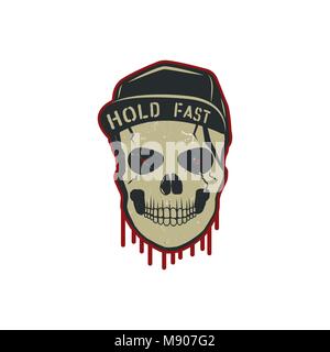 Schädel charactre mit Blutflecken, cap. Jahrgang Hand gezeichnet street style. Stadt Attribute. Retro Farben Stil. Hipster Totenkopf. Vektor auf weißem Hintergrund Stock Vektor