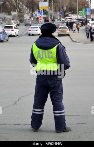 Kasan, Russland - Mar 27.2017. Verkehr Polizei Inspektor ist in der Stadt. Stockfoto