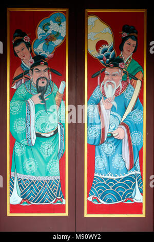 Hoi Tuong Te Nguoi Hoa buddhistischen chinesischen Tempel. Malerei Tür. Phu Quoc. Vietnam. Stockfoto