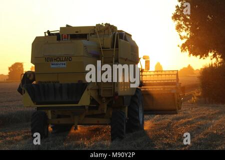 Mähdrescher arbeiten bei Sonnenuntergang auf der Farm, Yorkshire, Großbritannien Stockfoto