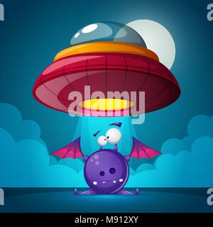 Zeichentrickfiguren Horror. Ufo Abbildung. Cartoon Landschaft. Stock Vektor