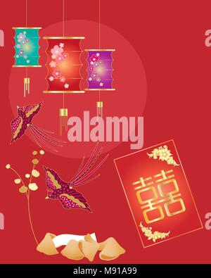 Ein Vektor Abbildung im EPS 10 Format eines chinesischen Grußkarte mit Laterne vögeln Fortune Cookies und Geld Umschlag auf eine rote Sonne Hintergrund Stock Vektor