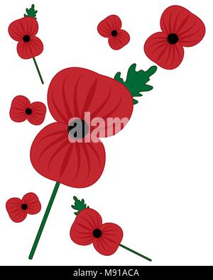 Ein Vektor Abbildung im EPS-Format 8 leuchtend roten Erinnerung Mohn mit grünem Blatt und Stiel auf weißem Hintergrund Stock Vektor