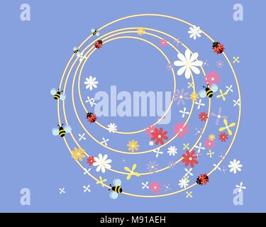 Ein Vektor Abbildung im EPS 10-Format von einer abstrakten Sommer Szene mit blauem Himmel Blumen Bienen und Marienkäfer in Grußkarte Format Stock Vektor