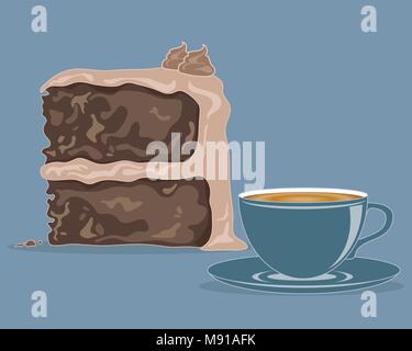 Ein Vektor Abbildung im EPS 10-Format von einem Stück Torte mit einer Tasse Tee in Vintage Farben auf einem blauen Hintergrund Stock Vektor