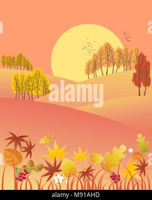 Ein Vektor Abbildung im EPS 10 Format eines abend herbst Landschaft mit bunten Bäume Blätter und eine große Sonne auf einem roten Himmel Stock Vektor