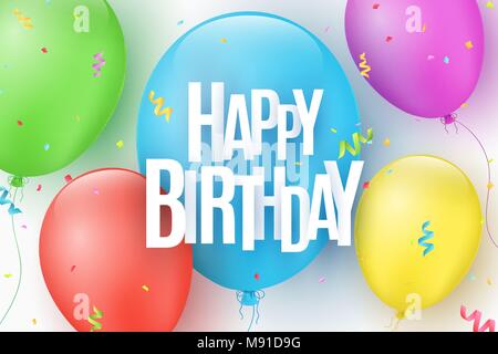 Bunte festliche Ballons auf einem hellen Hintergrund. Die Inschrift mit einem Happy Birthday aus Papier Buchstaben. Stoß von Konfetti. Grußkarte. Vektor il Stock Vektor