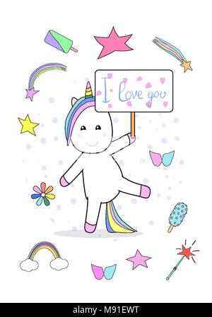 Ich liebe dich Plakat mit Einhorn und fairytail clipart Elemente Stock Vektor