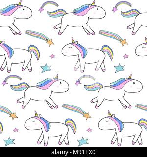 Cute nahtlose Muster mit Walking und Running Einhörner. Magie und Sternschnuppen Stock Vektor