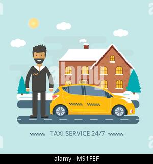 Maschine gelbes Taxi mit Fahrer in der Stadt. Öffentliches Taxi Service Konzept. Flache Vector Illustration. Stock Vektor