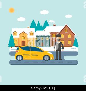 Maschine gelbes Taxi mit Fahrer in der Stadt. Öffentliches Taxi Service Konzept. Flache Vector Illustration. Stock Vektor