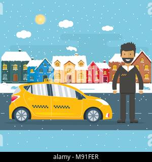 Maschine gelbes Taxi mit Fahrer in der Stadt. Öffentliches Taxi Service Konzept. Flache Vector Illustration. Stock Vektor