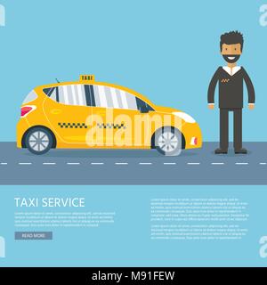 Maschine gelbes Taxi mit Fahrer in der Stadt. Öffentliches Taxi Service Konzept. Flache Vector Illustration. Stock Vektor