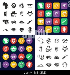 Afrika Alle in einem Symbole Schwarzweiß Farbe flaches Design Freehand eingestellt Stock Vektor