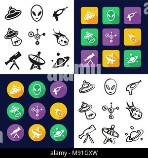 Alien Alle in einem Symbole Schwarzweiß Farbe flaches Design Freehand eingestellt Stock Vektor