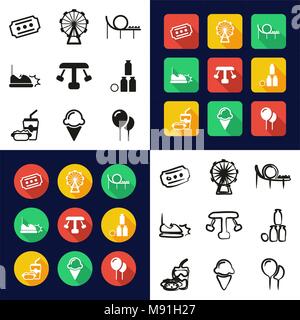 Vergnügungspark Alle in einem Symbole Schwarzweiß Farbe flaches Design Freehand eingestellt Stock Vektor
