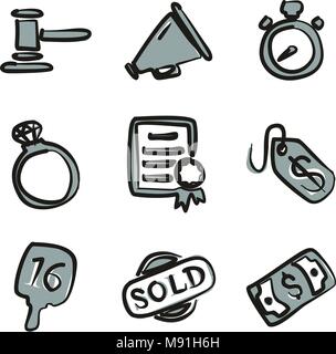 Auktion Symbole Freehand 2 Farbe Stock Vektor