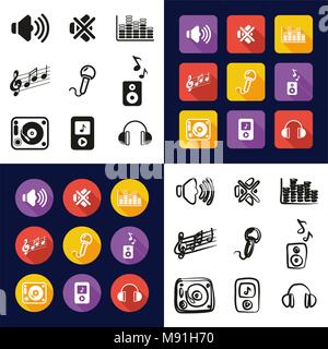 Audio Alles in einem Symbole Schwarzweiß Farbe flaches Design Freehand eingestellt Stock Vektor