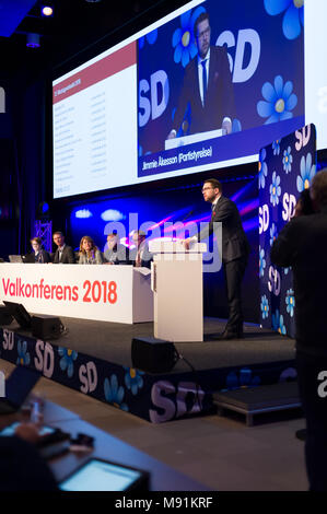 Stockholm, Schweden, 17. März 2018. Schweden Demokraten (SD) Wahl Konferenz 2018. Jimmie Åkesson, Parteichef. Stockfoto