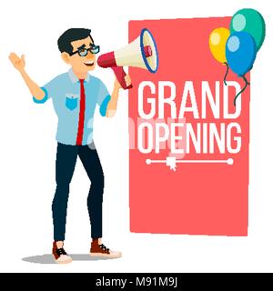 Unternehmer verkünden Konzept Vektor. Schreien Ankündigung Banner Design. Mann mit Megaphon. Grand Opening. Mitarbeiter suchen. Förderung Illustra Stock Vektor