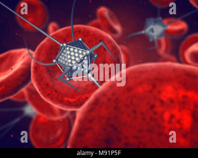 Nanoroboter und Blutzellen, Nanotechnologie und Bioengineering Stockfoto