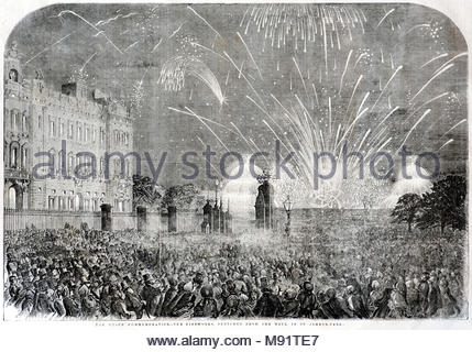 Der Frieden Gedenken, Feuerwerk von der Mall in St James's Park, feiert der Pariser Vertrag von 1856, der Krimkrieg, antike Gravur 1856 beigelegt Stockfoto