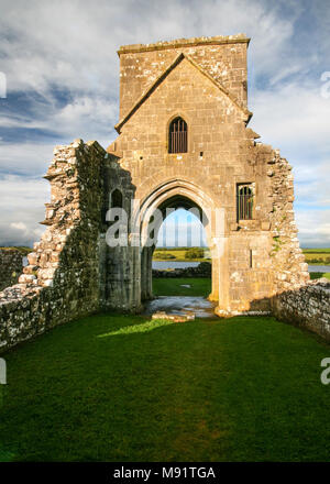 Ruinen des Oratoriums des heiligen Molaise Abtei auf devenish Island mit grünem Rasen im Vordergrund. Enniskillen, Nordirland Stockfoto