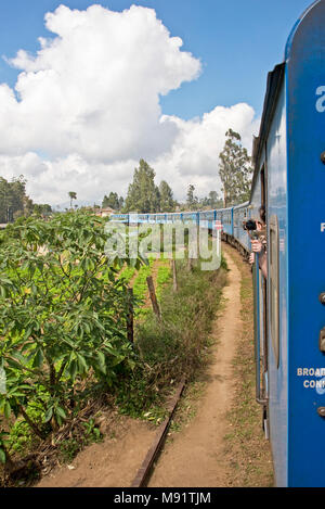 Eine Klasse S 12 MCG 928 Diesel Triebzüge (DMU) Zug mit Einheimischen und Touristen zwischen Nanu Oya und Ella in Sri Lanka. Stockfoto