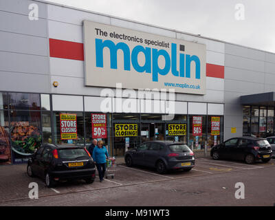 Cardiff, Wales, UK - 21. März 2018: Maplin store in Cardiff bieten hohe Rabatte an die Kunden vor der Schließung. Stockfoto