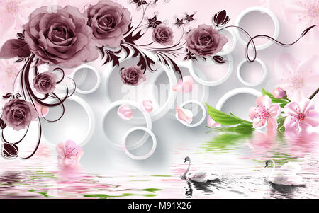 Rosen auf 3d rosa Hintergrund mit Ente Hintergrundbild. Stockfoto