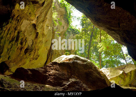 Höhlen, Queensland, Australien - 27. Dezember 2017. Blick aus Steinbock Höhlen in den Höhlen Gemeinde nördlich von Rockhampton, Queensland, mit Vegetation. Stockfoto