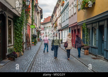 Auf der Krämerbruecke in Erfurt. Stockfoto