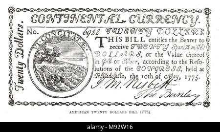 US-Gesetz von $20, herausgegeben vom Kontinentalkongress, American war of Independence, 1775–1783 Stockfoto