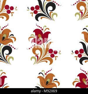 Abstrakte stilisierte Blume nahtlose Muster, vector Hintergrund. Rot, Orange, Grün und Schwarz dekorative Blumen, Beeren und Locken auf einem weißen Hintergrund. F Stock Vektor