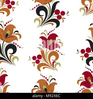 Abstrakte stilisierte Blume nahtlose Muster, vector Hintergrund. Rot, Orange, Grün und Schwarz dekorative Blumen, Beeren und Locken auf einem weißen Hintergrund. F Stock Vektor