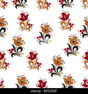 Abstrakte stilisierte Blume nahtlose Muster, vector Hintergrund. Rot, Orange, Grün und Schwarz dekorative Blumen, Beeren und Locken auf einem weißen Hintergrund. F Stock Vektor